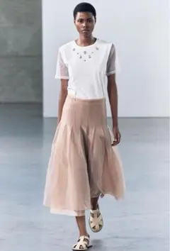 ザラ ZARA★ラインストーン オーガンザ Tシャツ チュールレース S