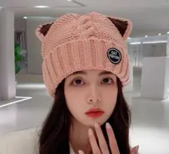 可愛い猫耳ニット帽 ピンク　暖かいニットキャップ　帽子