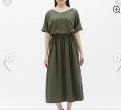 GU ウエストマークVネックワンピース ウエストゴム レーヨン混 オリーブ色