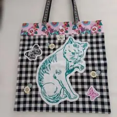 ペタンコトートバッグ　ネコ　ナタリーレテ　大きめ　ハンドメイド