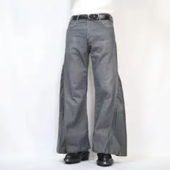 【リメイク】再構築　レザー　本革　先染めグレーデニム　ワイドフレア　バギー