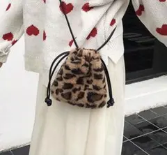 新品 未使用 ひょう柄 ファー バッグ 巾着 ショルダーバッグ レオパード柄