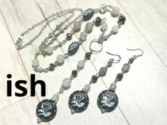 【A140】ishブラックトルマリン水晶・ドイツ花柄コインネックレス＆ピアス