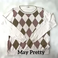 美品✨May Pretty アーガイル柄パール付ニット M ピンク系　可愛い
