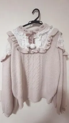 【LIZLISA】ポンポンリボンレースヨークニット ホワイト リズリサ LIZLISA ポンポンリボンレースヨークニットトップス ホワイト