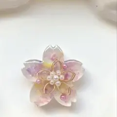 再販△】レジン ヘアゴム 花モチーフと猫ちゃん ラメピンクパープル◡̈