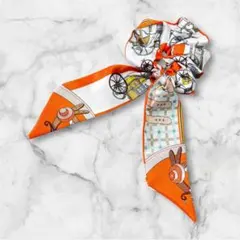 リボンスカーフ　シュシュ　ヘアーゴム　馬車オレンジ