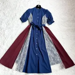 axes femme ネイビー　ワインレッド 切替　レース　シャツワンピース　M