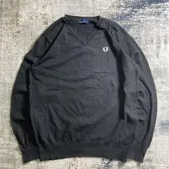 00s フレッドペリー コットン ニット Vネック ブラック 無地 ロゴ 刺繍