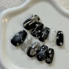 【現品25468】y2kネイル　ブラックネイル　シルバーネイル　個性派ネイル