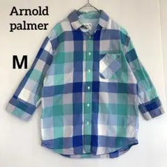 【アーノルドパーマー】メンズ　ブロックチェック柄七分袖シャツ　ブルーグリーンM