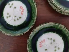 愛陶　美濃焼　織部　蓮華草　ピンクの小花柄　小皿５枚セット