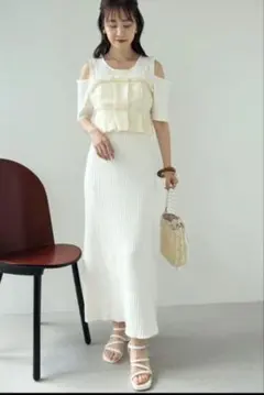 NICE CLAUP ニットワンピ×チュールビスチェセット オフホワイト リボン