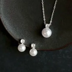 セット パール ダイヤ ネックレス イヤリング 1粒 ステンレス 新品 シルバー