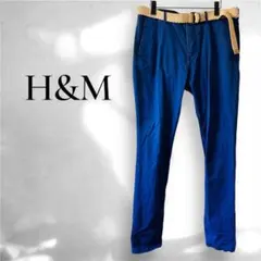 H&M 青 チノパン 編み込みベルト付き ストレート スキニー メンズのサムネイル