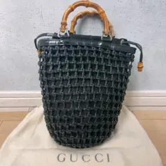 GUCCI バンブー 編み込み 巾着 かごバッグ ブラック 黒 レザー オールド