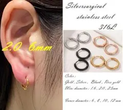 片耳分 フープピアス シルバー 2.0mm×6mm サージカルステンレス 金アレのサムネイル