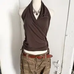 EMIRI ホルターネック ノースリーブ 茶系 サイドギャザー 平成ギャル