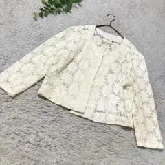 レースジャケット　ホワイト　花柄　シアー　F　日本製　ノーカラー