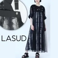 新品 LASUD フラワープリントシフォンジャンパースカート 黒ブラック