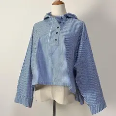 ❁ミズイロインド ストライプ フード付きショートプルオーバー ブルー ストライプ