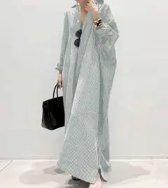 残2点☆ストライプ シャツワンピース ロング 体型カバー 長袖　XL　GREEN