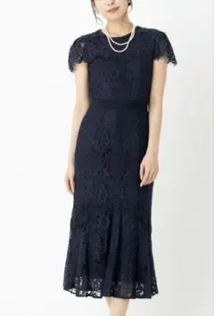 ラグナムーン レース ロング ワンピース マーメイド くすみ青 S 結婚式