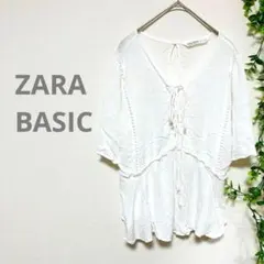 【ZARA BASIC/ザラベーシック】半袖ブラウス　柔らか　白リボン　レーヨン