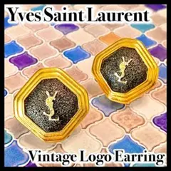 YSL イヴサンローラン ヴィンテージ ロゴ イヤリング オクタゴン GD BKのサムネイル