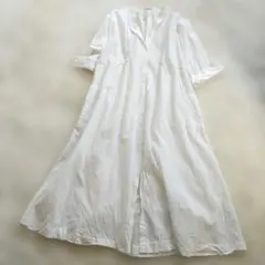 大きいサイズ　ゆったり　バンドカラータッグワンピース　クラフト　アイボリー　F