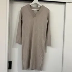PLST』 (M) Vネックニットワンピース リブ テトロン ミディ丈