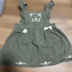 オリーブグリーン 花柄刺繍 ジャンバースカート