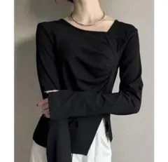 JUNOAH 美品 薄手 アシメネックドレープカットソー トップス 黒