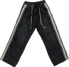 サイドライン デニム ワイドパンツ ブラック ストリート Mサイズ 楽ちん