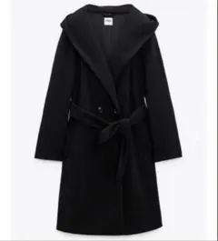 ZARA ソフトコート ソフトフード付きコートアウター 黒 美品 ベルト付き