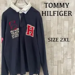 古着 TOMMY HILFIGER ダメージ加工 長袖ポロシャツ 2XL 紺色