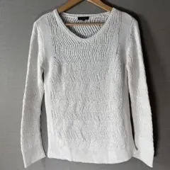 美品【7-ID concept.】透かし編みニット麻混 (38)白Mジグザグ柄