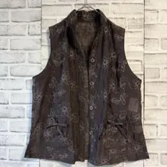 【タグ付き未使用】しまむら 花柄刺繍 ベスト ジレ シアー ブラウン L ミセス