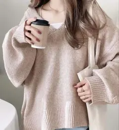 JaVa【L】ミックスカラーディープVネックニット ゆったりセーター フェミニン