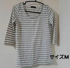 グレーとホワイトのストライプ五分袖Tシャツ M