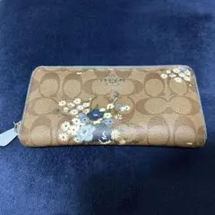 コーチ 長財布 ラウンドファスナー シグネチャー 花柄 PVC レザー 水色