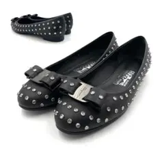 《未使用級》 フェラガモ ヴァラ ビジュ スタッズ フラットパンプス 黒系 7