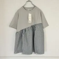 Cloudnine カットソー 半袖 グレー ストライプ 切替チュニックのサムネイル