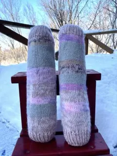 手編みレッグウォーマー　雪あかりの冬桜　2本糸使い　フワフワ柔らかい