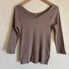 美品＊UNIQLO リブ Vネック 七分袖 カットソー ブラウン M