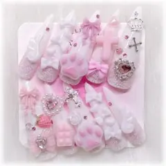 【現品】ネイルチップ 地雷系 量産型 ロング ゴテゴテ リボン ハート ラメ