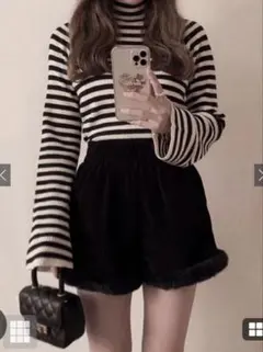 GRL ボーダー柄フレアスリーブリブニットトップスK9086b ブラック