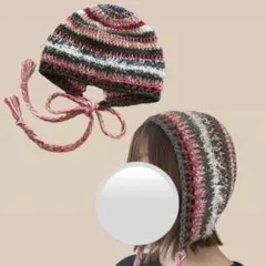 【一点物】 ハンドメイド ボンネット バラクラバ ニット帽 グレー ピンク