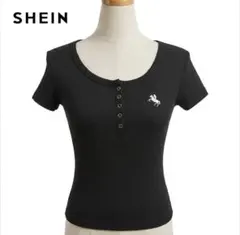 SHEIN ホース刺繍 リブニット ヘンリーネック 半袖 カットソー Y2K M