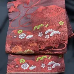 名古屋帯 、赤地 花柄 金幾何学模様、美品、豪華
